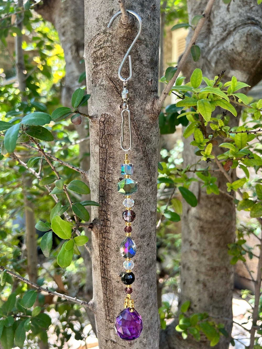9” deep purple colored prism crystal beaded small suncatcher sun charm decor